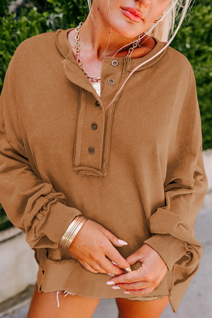 Brown Drop Shoulder Henley Sweatshirt