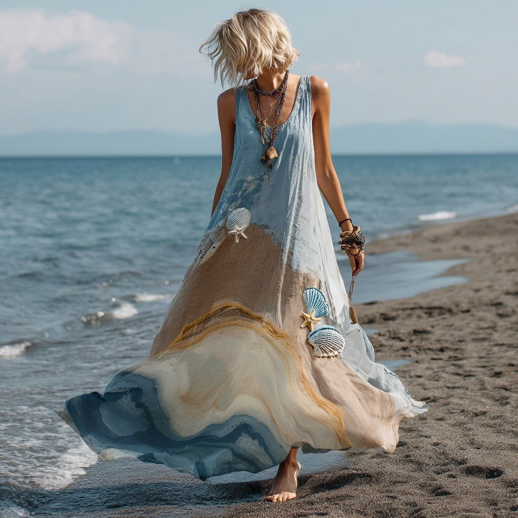 Vintage Marble Texture Collection Inspired By The Ocean Gilded Pattern Linen Maxi Dress elevenforest