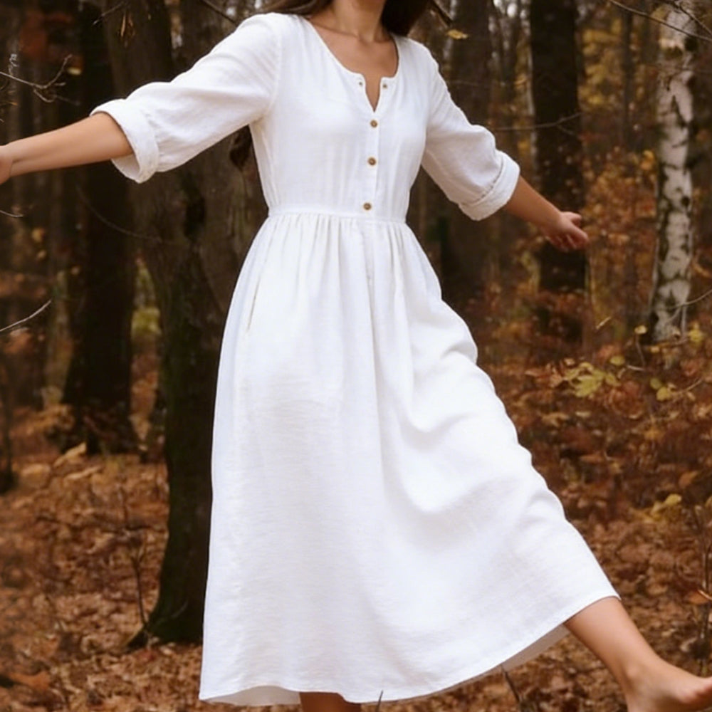 Comstylish Vintage Classic White Comfy Linen Maxi Dress
