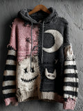 Comstylish Halloween Stitches Face & Cat Moon Contrast Patchwork Cozy Hooded Sweater