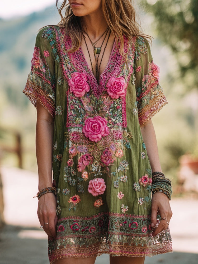 Retro Rink Roses Embroidered Patchwork Linen Mini Dress elevenforest