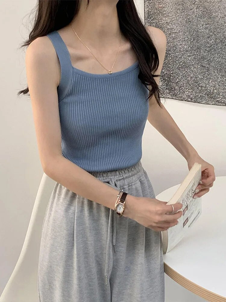 Spring Crop Tops Strapy Camis Sleeveless Tank Tops Tops Plain Camis Square Tops for Korean