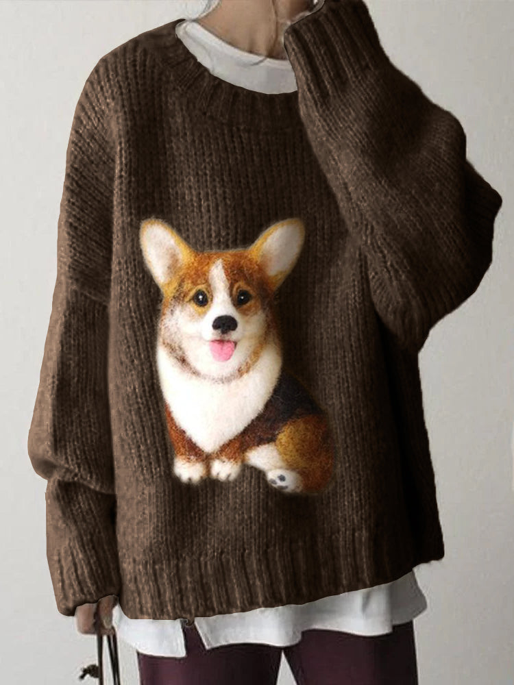 Comstylish Lovely Corgi Dog Felt Cozy Knit Sweater