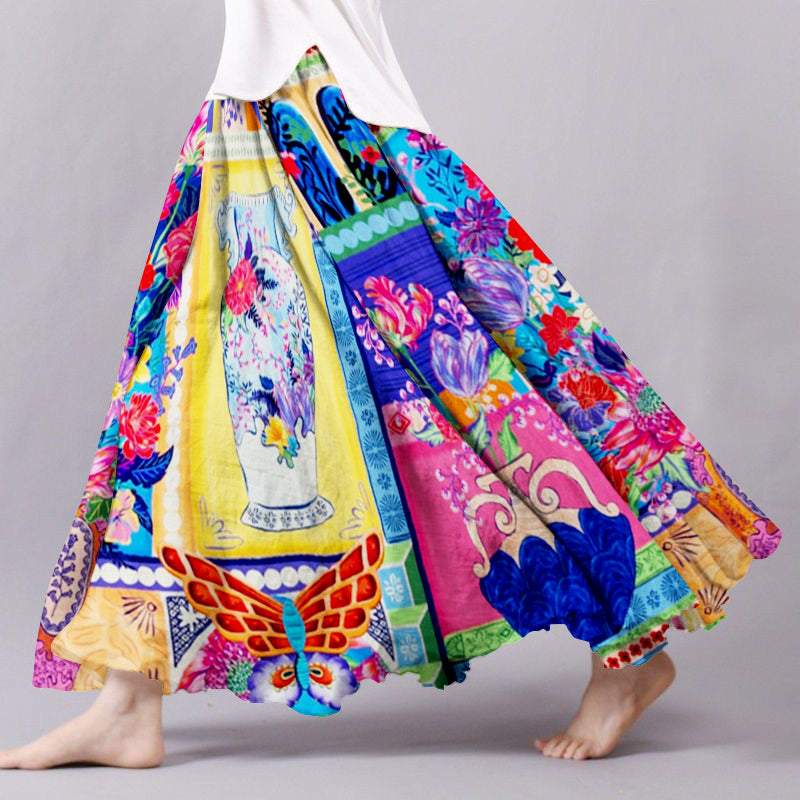 Women's Bohemian Floral Cotton And Linen Skirt elevenforest