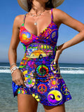 V-Neck Vintage Multicolor Hippie Peace Flower Art Print Suspender Skirt Tankini Pantskirt Set Swimsuit