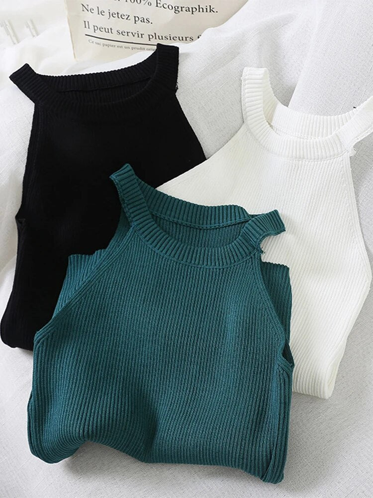 Tops Crop Top Off Shoulder Stretchy Knitted Tank Tops Female Sleveless Vest Halter Summer Tops for