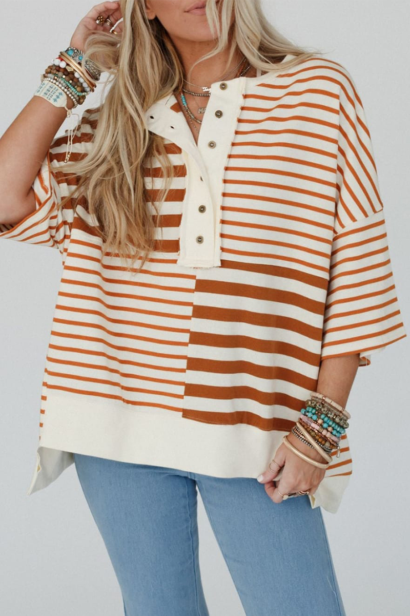 Stripe Buttons Patchwork Contrast O Neck T-shirts