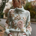 Comstylish Bohemian Pink Embroidered Flower Light Blue Turtleneck Sweater