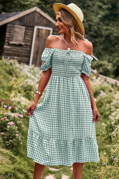 Plaid One-shoulder Midi Dress