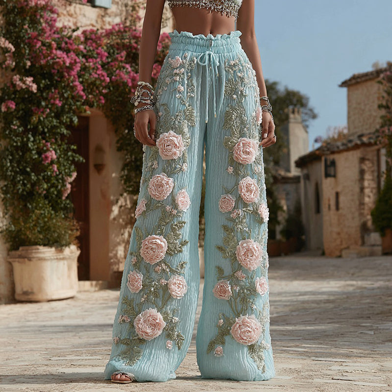 Women's Pink Rose Floral Embroidered Linen Blend Casual Pants elevenforest