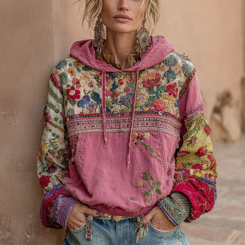 Women's Vintage Bohemian Floral Embroidery Patchwork Long Sleeve Casual Hoodie elevenforest