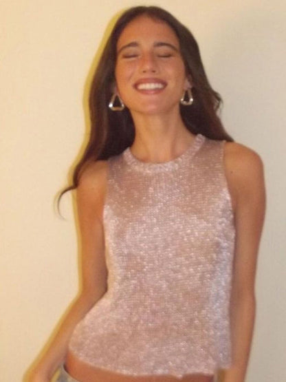 ’s Sleeveless Slim Fit Tank Tops See-through Top Vest Corect Sequin Scoop Neck Tank Top Glitter Outfits