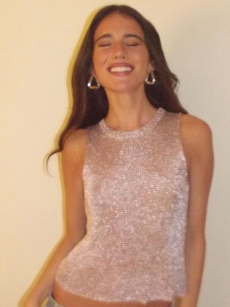 ’s Sleeveless Slim Fit Tank Tops See-through Top Vest Corect Sequin Scoop Neck Tank Top Glitter Outfits
