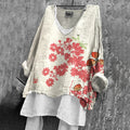 Comstylish Women's Vintage Floral Art V-neck Loose Linen T-shirt