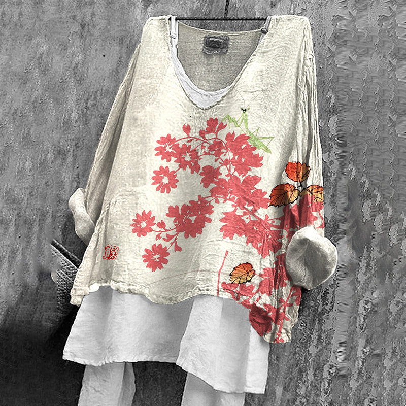 Comstylish Women's Vintage Floral Art V-neck Loose Linen T-shirt