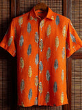 Boho Indigenous Ethnic Feathers Pattern Orange Linen Shirt elevenforest