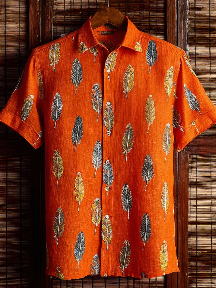 Boho Indigenous Ethnic Feathers Pattern Orange Linen Shirt elevenforest