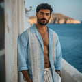 Men's Retro Greek Key Pattern Linen Blend Comfy Blouse elevenforest