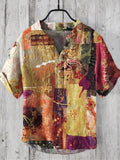Vintage Boho Floral Patchwork Print Men's Linen V-neck Shirt elevenforest