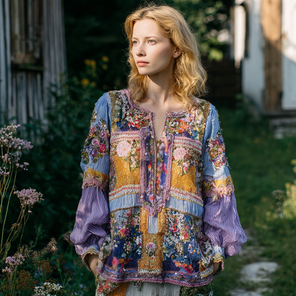 Vintage Boho Floral Patchwork Ethnic Embroidery Women's Linen Long Sleeve Shirt elevenforest