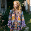 Vintage Boho Floral Patchwork Ethnic Embroidery Women's Linen Long Sleeve Shirt elevenforest
