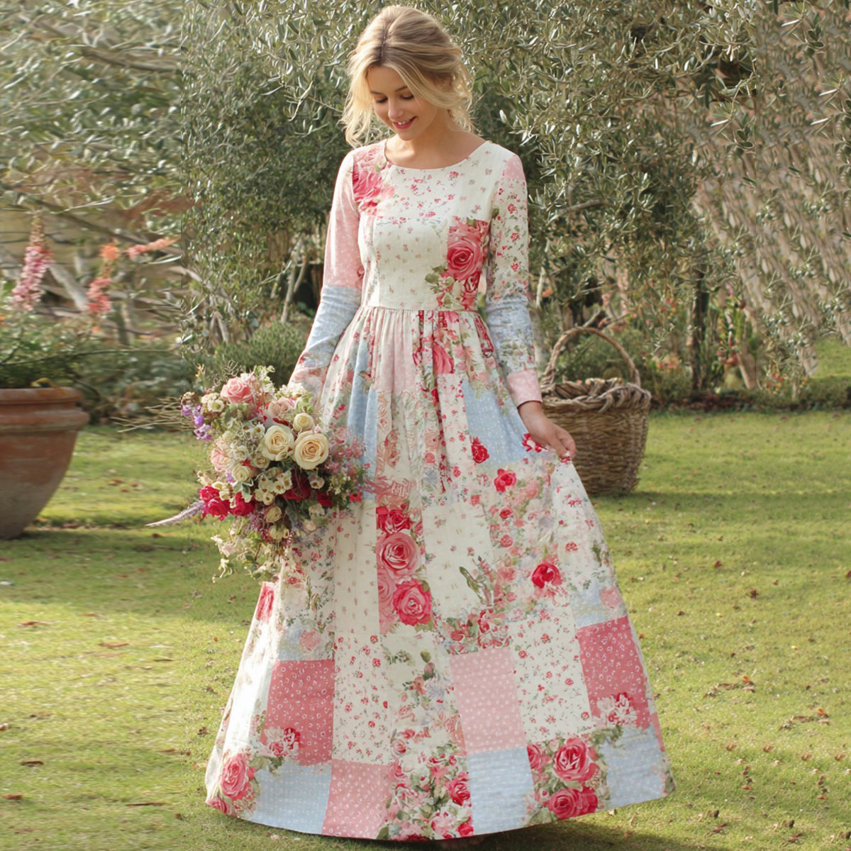 Vintage Floral Art Women's Linen Long Sleeve Maxi Dress elevenforest