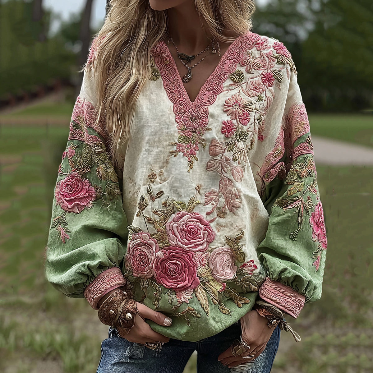 Love & Health Collection Classic Rose And Floral Art Linen Long Sleeve Shirt elevenforest