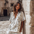 Bohemian Style Three-dimensional Floral Bead Embroidery V-neck Short-sleeved Shirt elevenforest