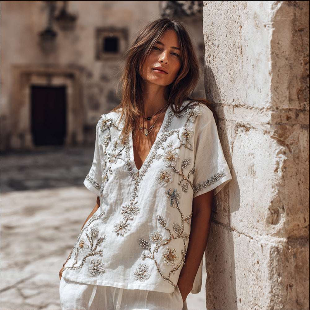 Bohemian Style Three-dimensional Floral Bead Embroidery V-neck Short-sleeved Shirt elevenforest
