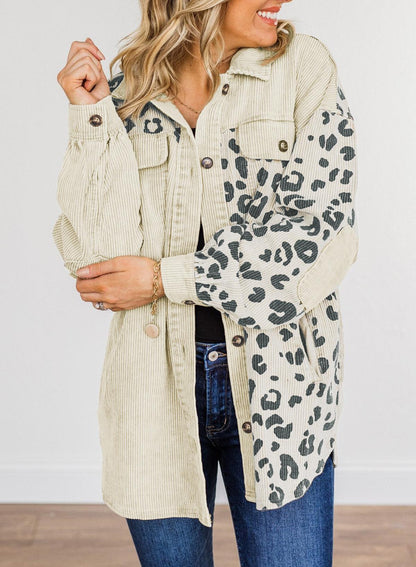 Leopard Print Corduroy Shacket: ’s Autumn Winter Mid Length Cardigan Top