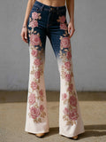 Vintage Pink Roses Glitter Embroidered Gradient Bootcut Jeans elevenforest