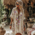 Women's Floral Embroidery Art V Neck Comfy Short Sleeve Midi Dress elevenforest