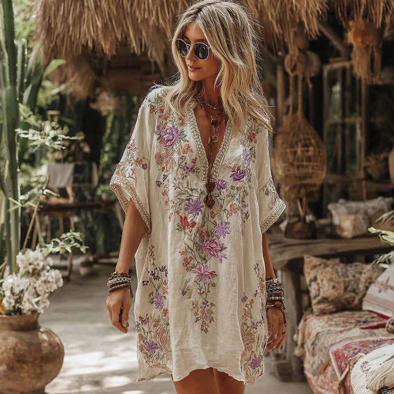 Women's Floral Embroidery Art V Neck Comfy Short Sleeve Midi Dress elevenforest