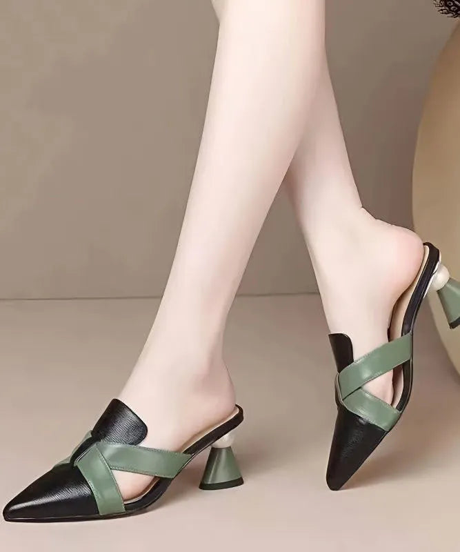 Colorblock Chunky Cowhide Leather Comfortable Splicing High Heel Slippers Lc0191