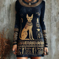 Comstylish Women's Vintage Ancient Egyptian Cat Pattern Gradient Knit Mini Sweater Dress