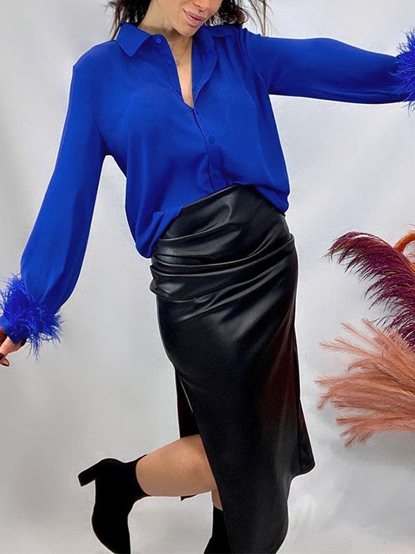 Loose Wrap Feathers Color Split-joint Lapel Collar Blouses&shirts Tops
