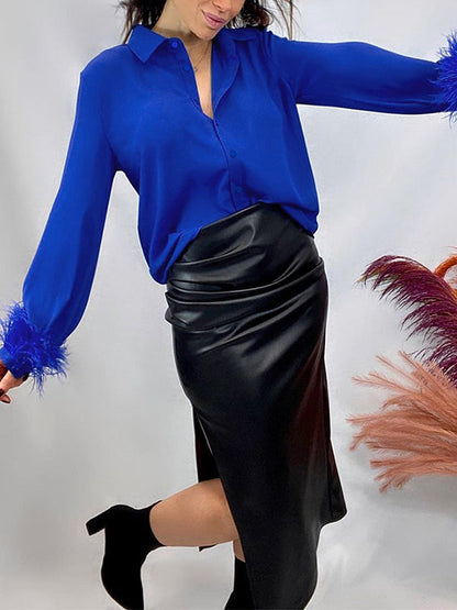 Loose Wrap Feathers Color Split-joint Lapel Collar Blouses&shirts Tops