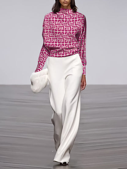 Long Sleeves Loose Geometric Printed Stand Collar T-shirts Tops