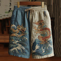 Men's Japanese Dragon Art Contrast Linen Short Pants elevenforest
