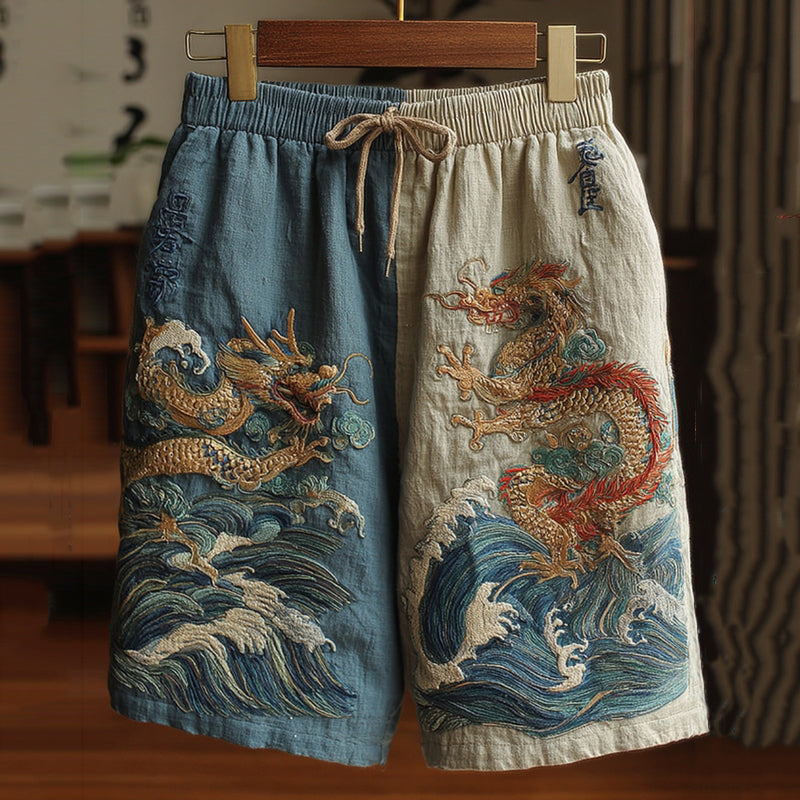 Men's Japanese Dragon Art Contrast Linen Short Pants elevenforest