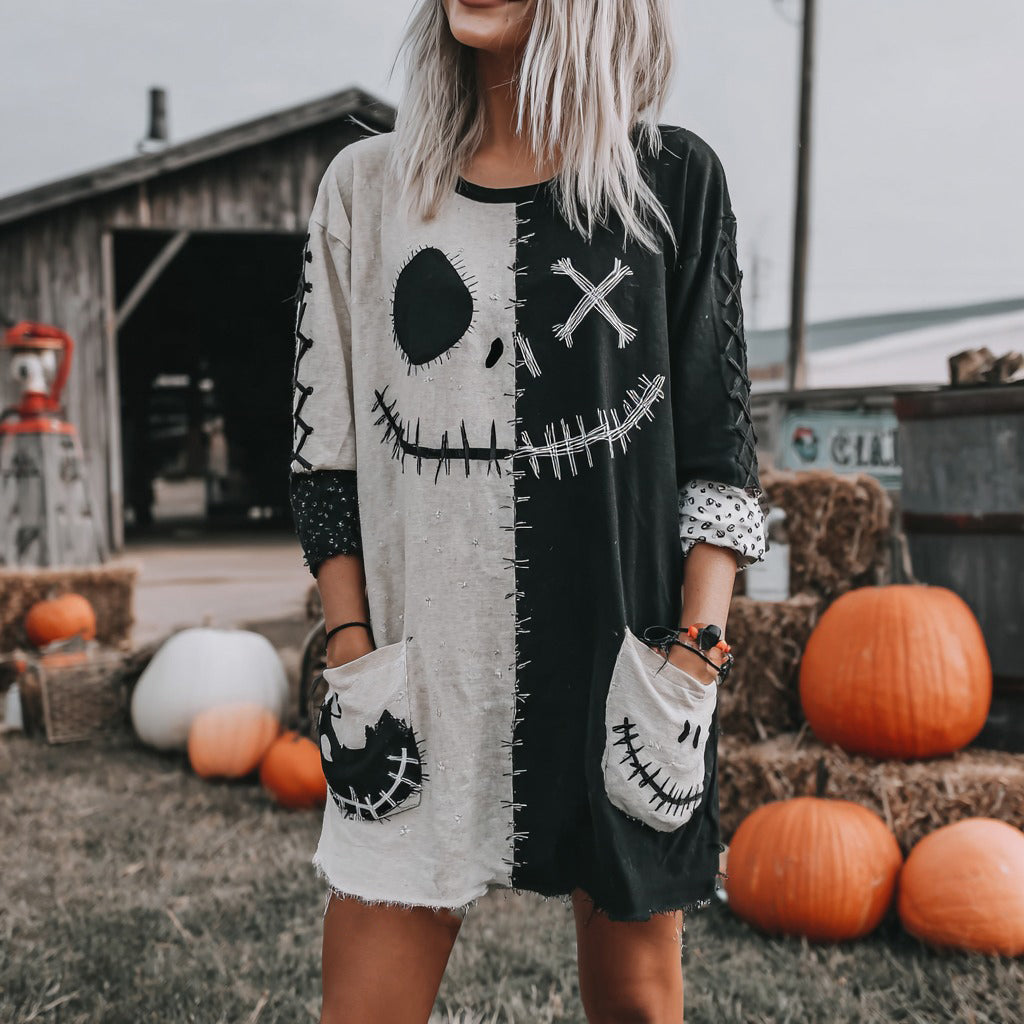 Halloween Spooky Face Pattern Casual Round Neck Skirt elevenforest