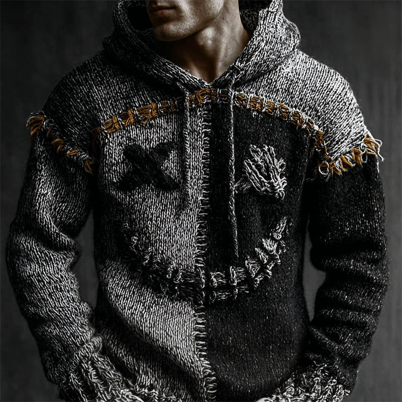 Men's Halloween Spooky Face Contrast Stitched Cozy Knit Hooded Sweater elevenforest