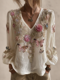 Bohemian Style V-neck Butterfly And Flower Embroidery Cotton And Linen Short Sleeve elevenforest
