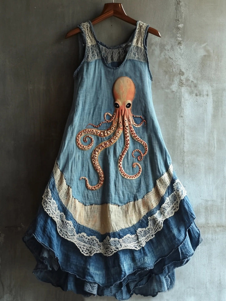 Vintage Octopus Pattern Lace Patchwork Linen Blend Dress elevenforest