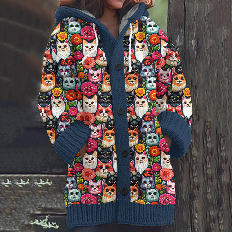 Cute Cats & Flowers Embroidered Pattern Cozy Hooded Knit Sweater elevenforest
