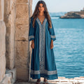 Classic Elegant Greek Key V Neck Linen Blend Maxi Dress elevenforest