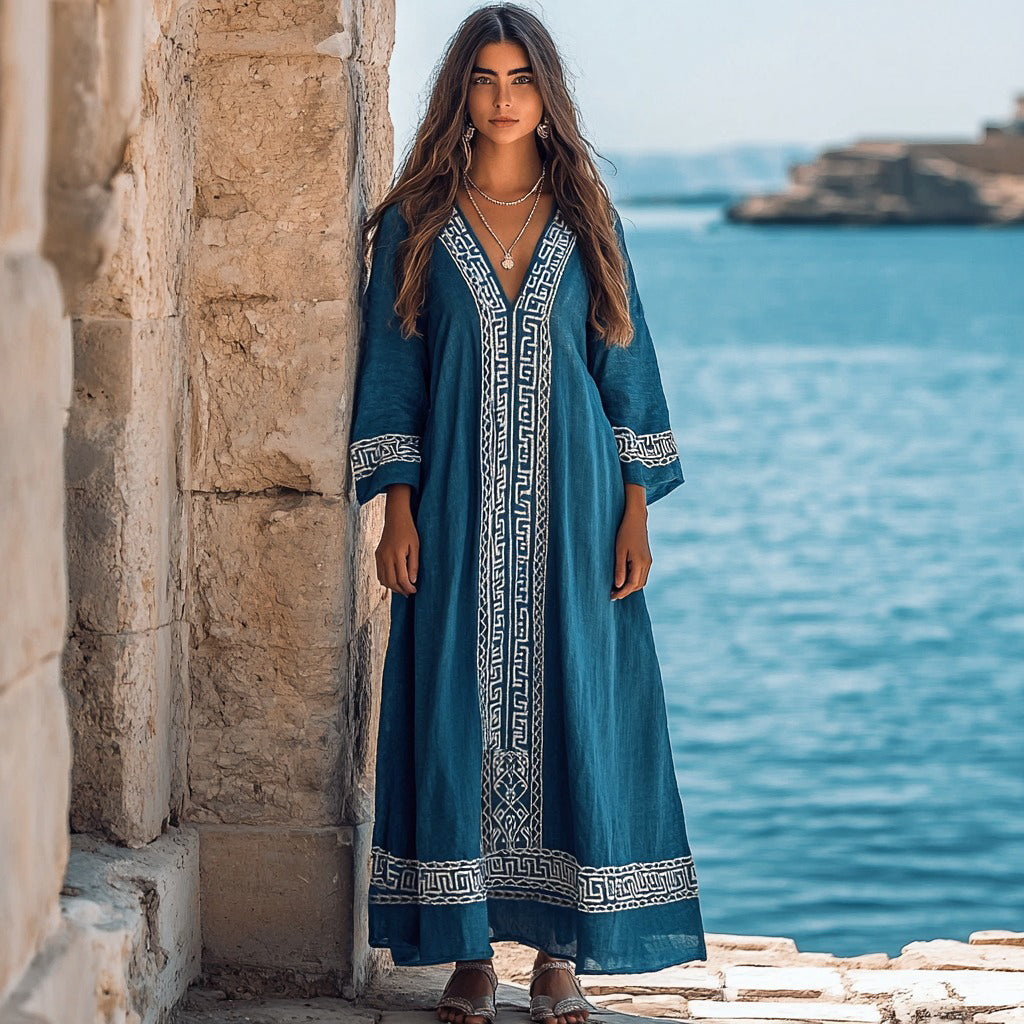 Classic Elegant Greek Key V Neck Linen Blend Maxi Dress elevenforest