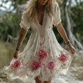 Vintage Floral Embroidery Short-sleeved Comfy Dress elevenforest