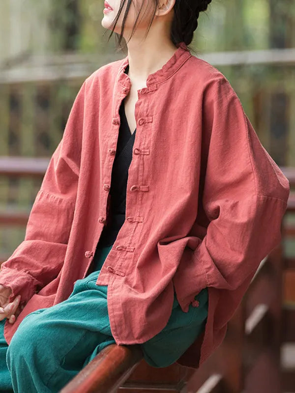 Batwing Sleeves Loose Chinese Frog Buttons Pleated Color Split-joint Stand Collar Blouses
