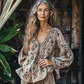 Bohemian Floral Linen Art Print Long Sleeve V-neck Shirt elevenforest